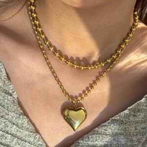 Gold Double Layer Heart Necklace Chunky Jewelry